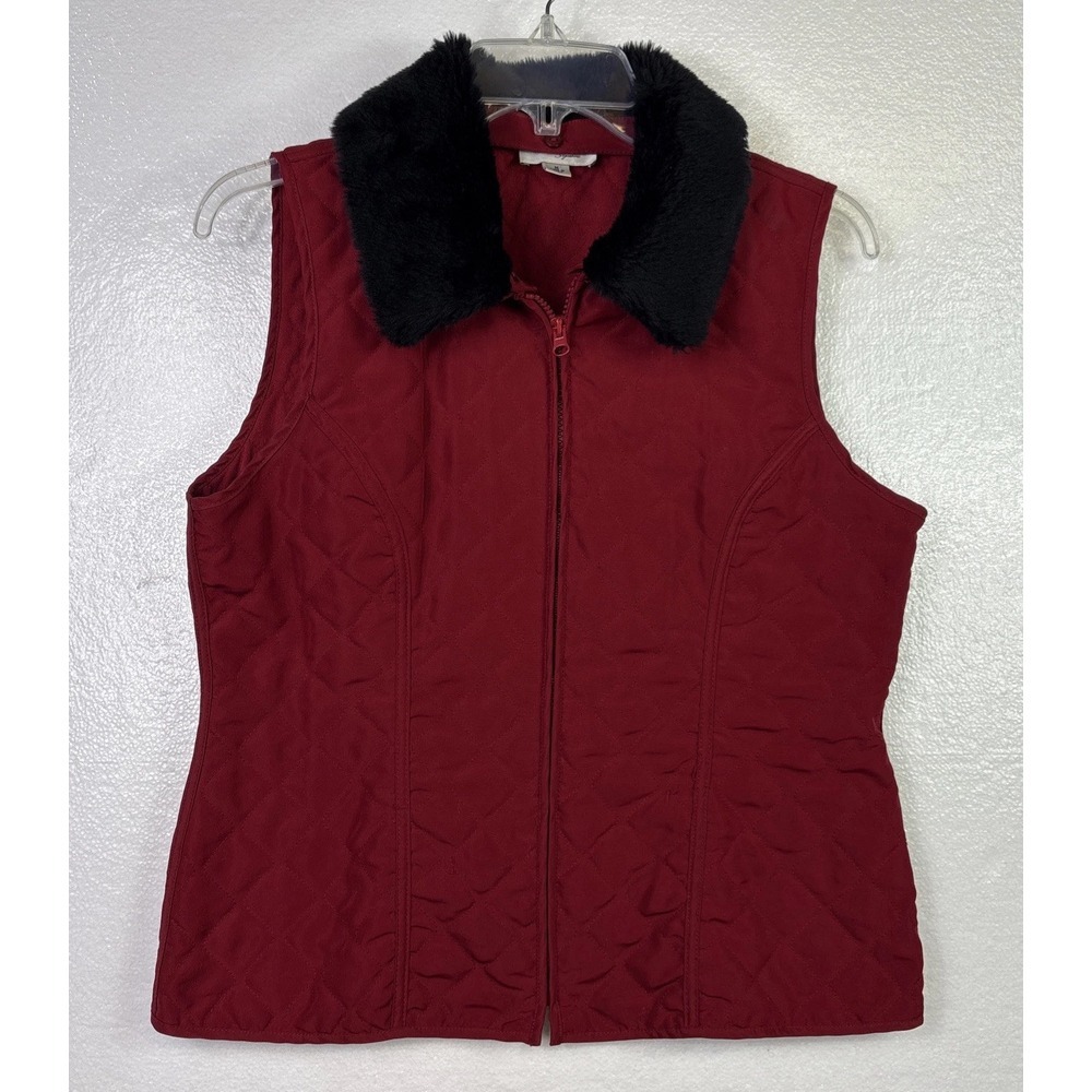 Kim Rogers Quilted Vest Womens Sz M Red Full Zip Faux Fur Detachable Collar